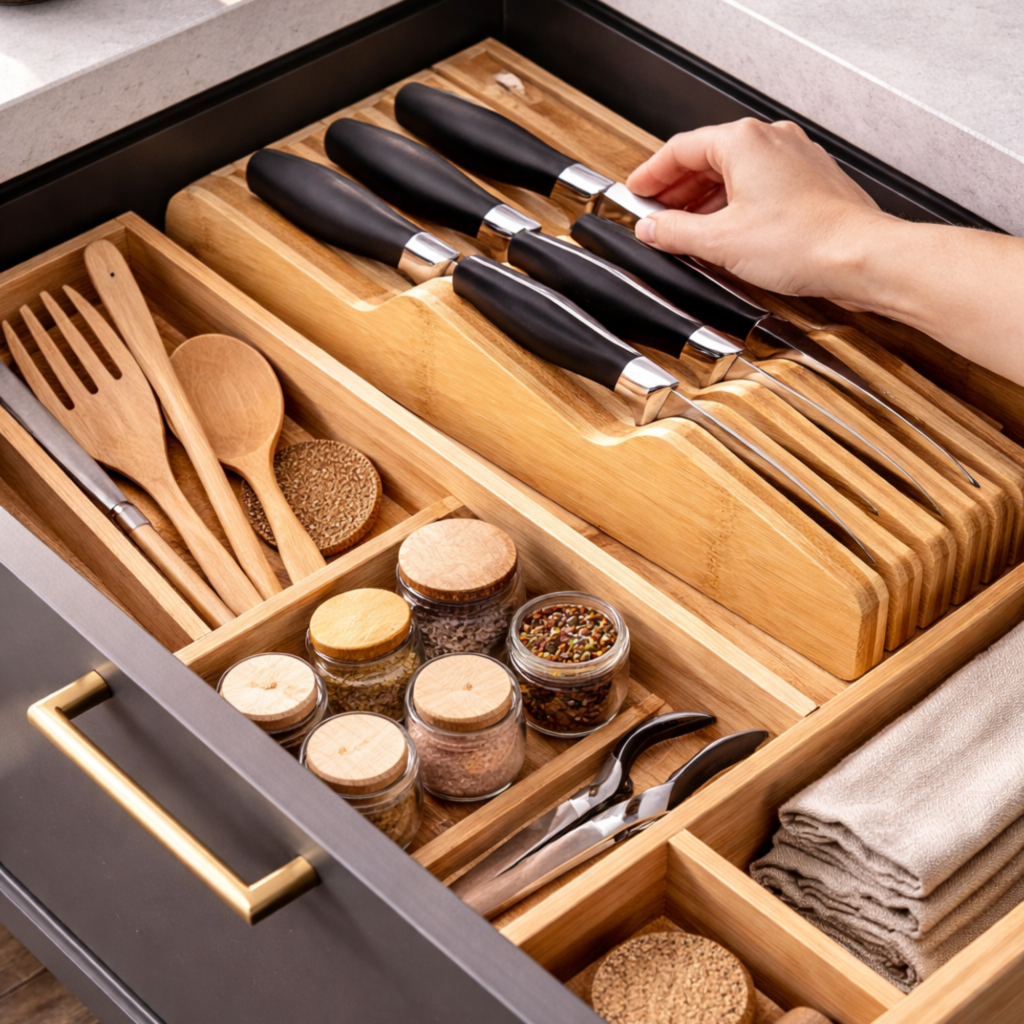 Rangement couteaux cuisine : les meilleures solutions pour les organiser en toute sécurité organisateur de couteaux en bois pour tiroir cuisine